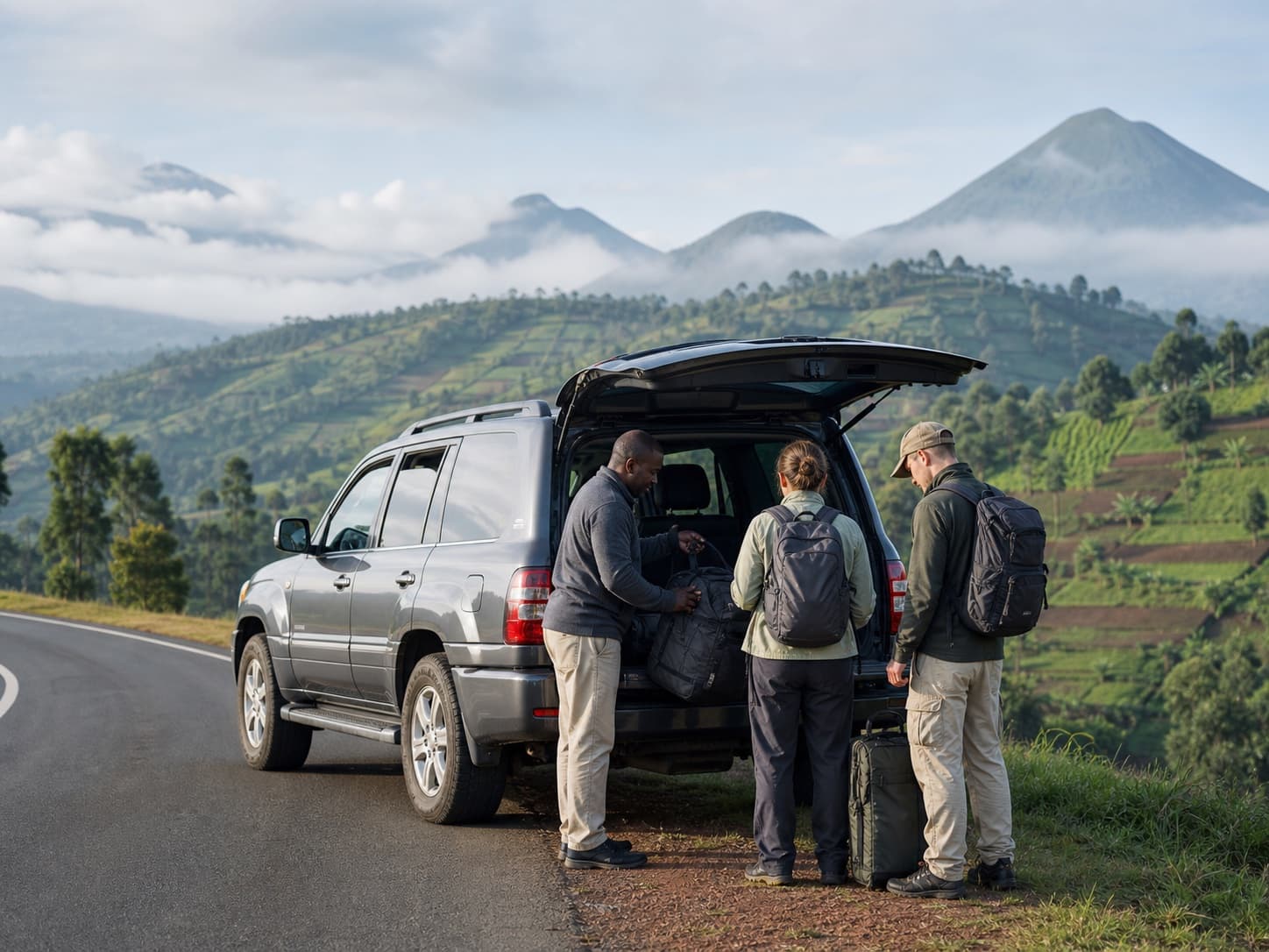 Driver and travelers with luggage beside an SUV in Rwanda’s volcanic highlands