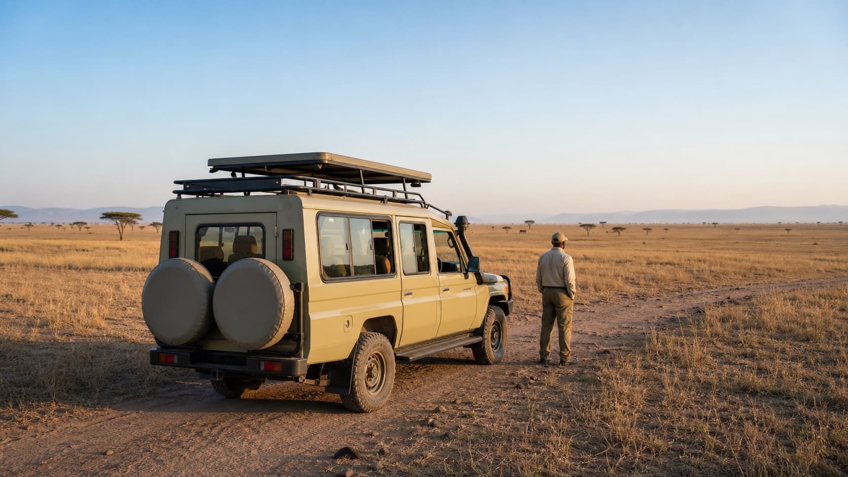Conductor junto a un vehículo de safari con techo elevable en las llanuras del Serengeti