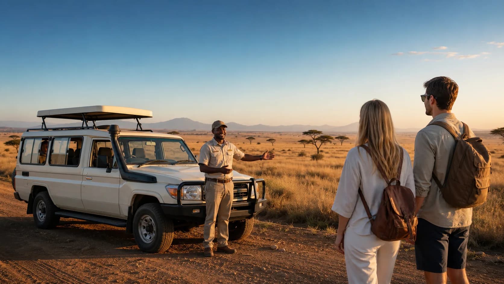 Driver greeting travelers beside a safari vehicle